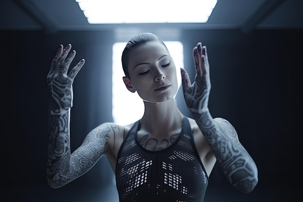 Dame cybernétique médite en lotus avec prothèse bionique IA générative
