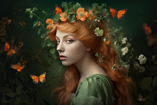 Dame dans un jardin vert avec des papillons dans les cheveux dans le style du bioart avec des fleurs délicates et des tons orange clair et vert IA générative