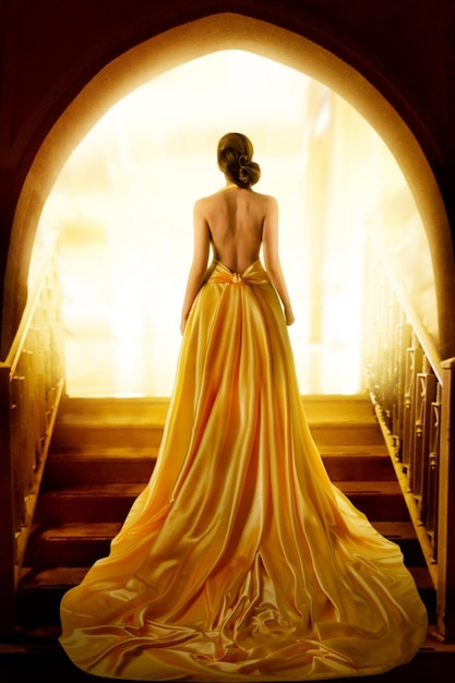Photo dame élégante en longue robe de soie jaune avec le dos nu vue latérale arrière