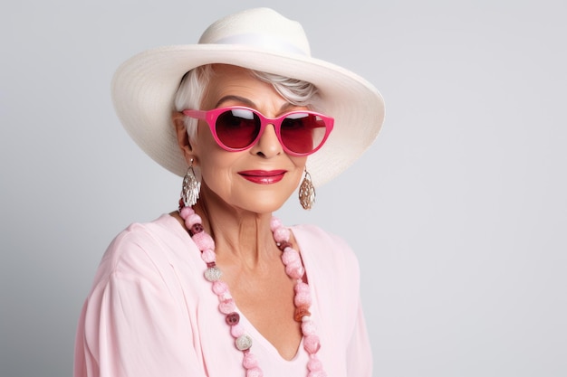 Dame élégante de la vieillesse dans des accessoires de mode rose xAxAs lunettes de soleil et un chapeau blanc Femme âgée isolée sur grayxAu