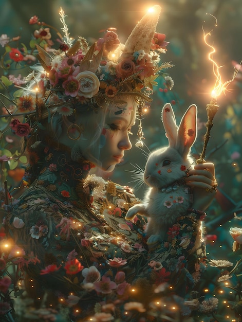 La dame enchanteuse et le lapin embrassent la magie dans la fantaisie florale