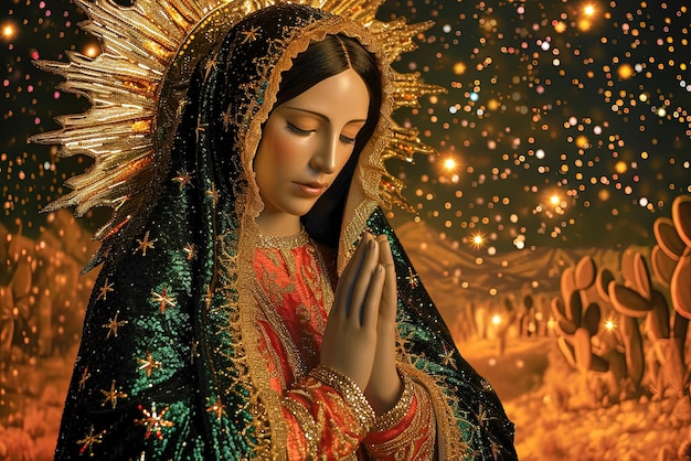 Dame de Guadalupe parée d'une robe chatoyante ornée d'étoiles symbolisant sa connexion avec le ciel