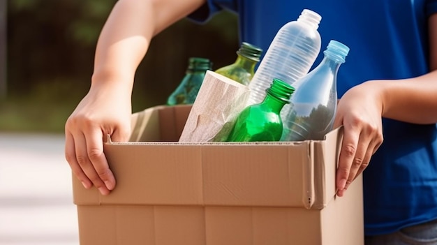 Dame d'IA générative tenant une boîte à déchets pour le recyclage