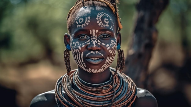 Photo dame indigène d'afrique de l'est souriante mettez de la peinture faciale et un casque generate ai