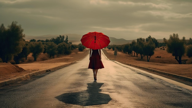 Dame en manteau rouge marchant sur la route sous la pluie
