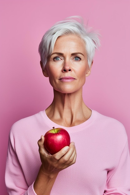 Une dame mature souriante saisit un fond rose pomme améliorant le portrait généré par l'IA