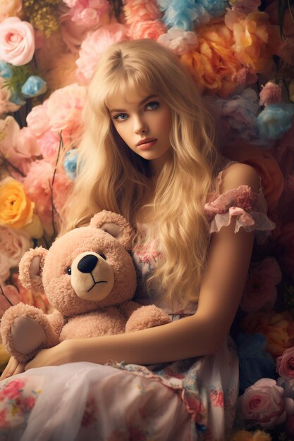 Une dame avec un mignon ours en peluche.