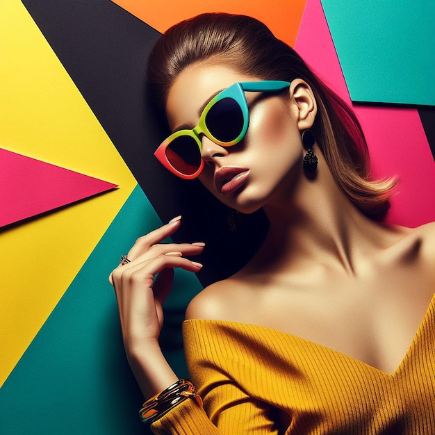 une dame de mode en lunettes de soleil colorées pose sur un fond coloré