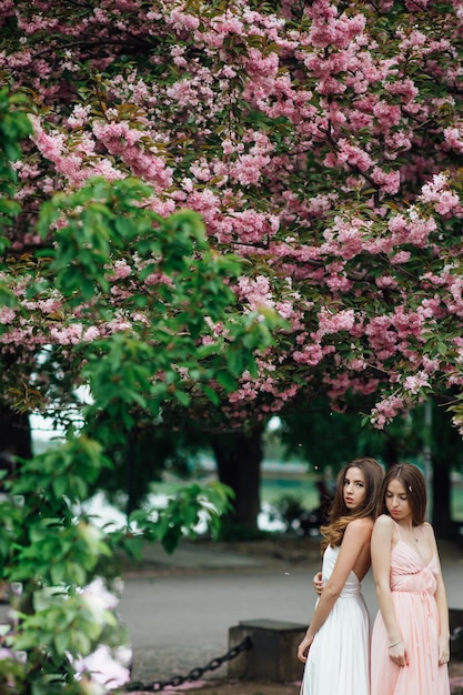 Dame à la mode pose près d'un arbre en fleurs. Twin Girls Beauté et mode pour femmes.