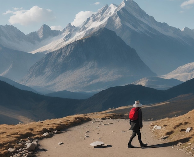 une dame moderne marchant vers les montagnes angle de lumière vibrant tiré arrière-plan propre