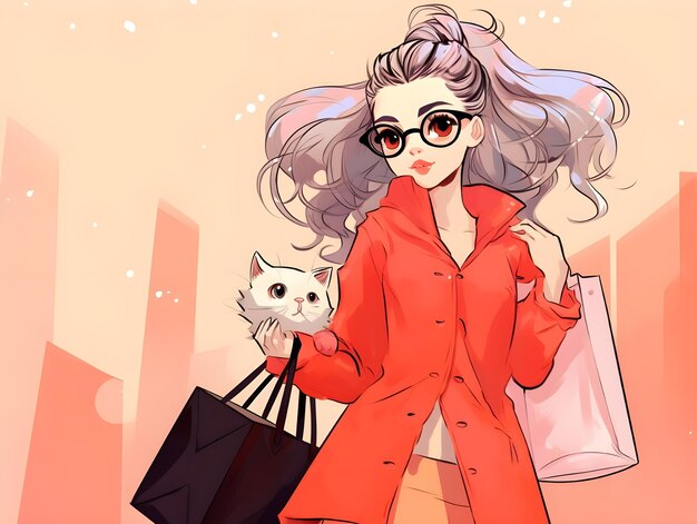 Une dame portant des sacs d'achat dans un dessin d'illustration d'anime