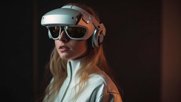 Une dame porte des lunettes de réalité virtuelle La technologie numérique future de l'IA générative