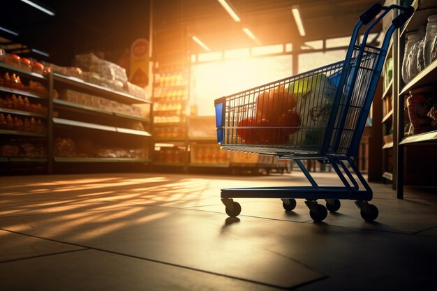 Une dame pousse un chariot d'achat dans le supermarché.