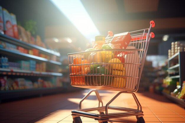 Une dame pousse un chariot d'achat dans le supermarché.