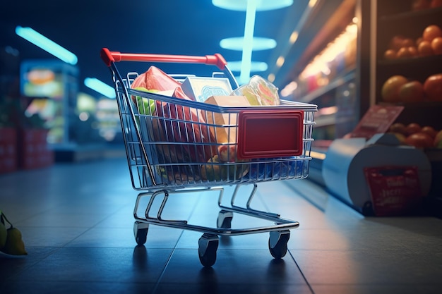 Une dame pousse un chariot d'achat dans le supermarché.