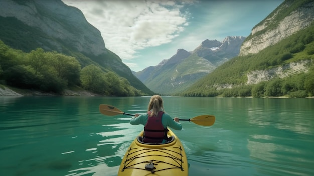 Une dame profitant d'une aventure en kayak dans un lac serein IA générative