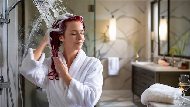 La dame qui utilise du shampooing nettoie ses cheveux dans une salle de bain avec de l'eau de douche.