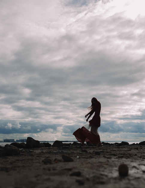 Une dame en robe sur une plage, contre une mer orageuse dramatique, avec des vagues et des nuages gris