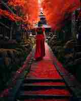 Photo une dame en robe rouge marchant sur un sentier vert