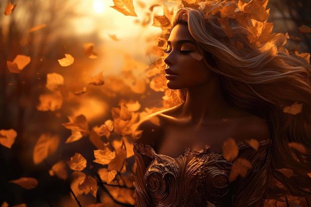 Une dame sereine admire les teintes du coucher du soleil au milieu d'un feuillage doré