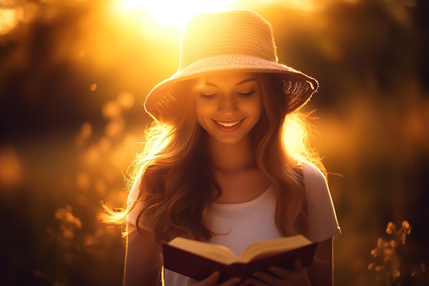 Une dame souriante en lisant un livre réconfortant