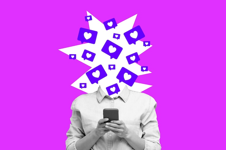 Photo une dame utilisant un smartphone submergée par les médias sociaux aime le fond violet