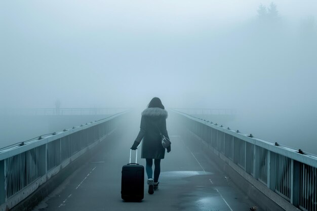 Photo une dame avec une valise qui marche dans le brouillard sur le pont.