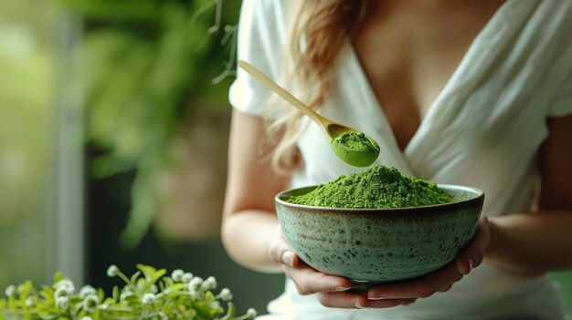 Une dame verse de la poudre de thé vert sur un cadre flou pour obtenir du thé matcha vert japonais.