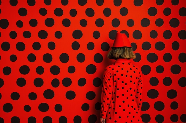 Une dame en veste rouge se tient devant un mur rouge à pois noirs.