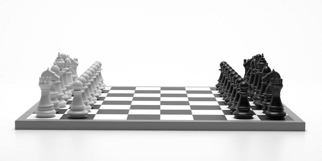 Damier d'échecs mis en place isolé sur fond de couleur blanche illustration 3d