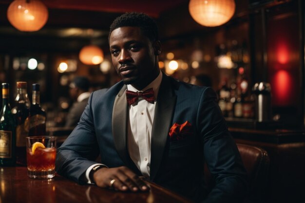 Dandy africain en smoking dans un bar un endroit coûteux faible lumière ayant un cocktail Negroni