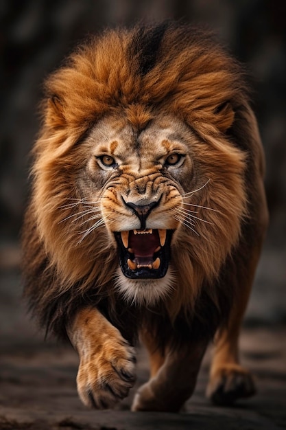 Dangereux lion mâle se déplaçant vers la caméra créé avec l'IA générative
