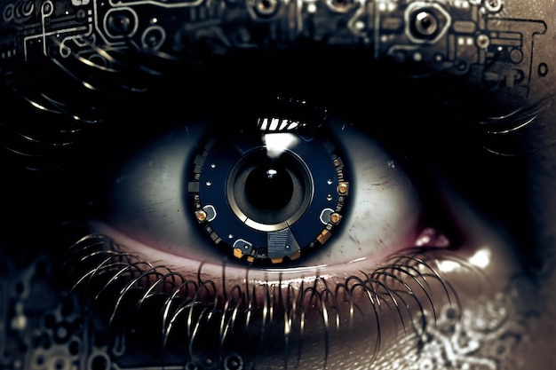 Photo les dangers de l'art de l'ai l'intelligence artificielle vous observe avec un œil humain comme celui d'un cyborg
