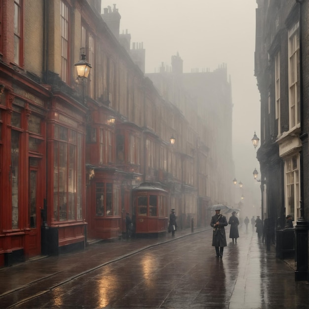 Dans les années 1880, Londres brumeuse, la rue pleine de couleurs.