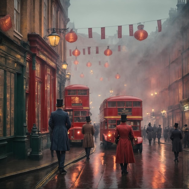 Dans les années 1880, Londres brumeuse, la rue pleine de couleurs.