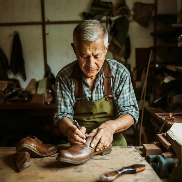 Photo dans un atelier, un vieux cordonnier travaille