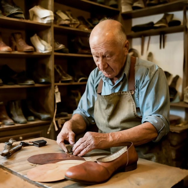 Photo dans un atelier, un vieux cordonnier travaille