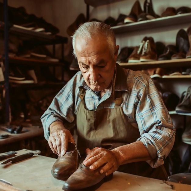 Photo dans un atelier, un vieux cordonnier travaille