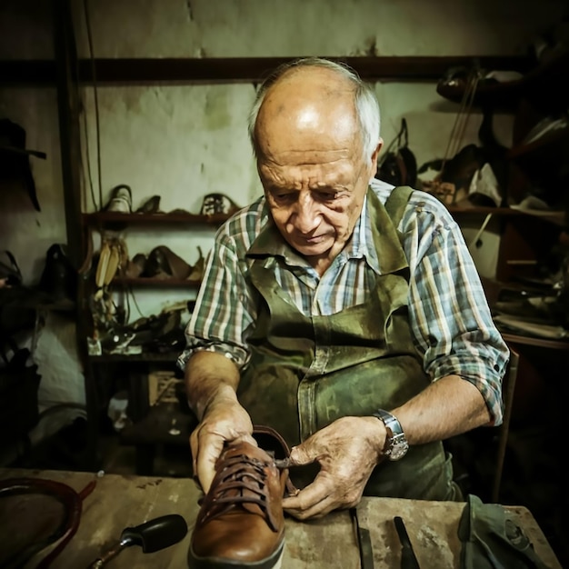 Photo dans un atelier, un vieux cordonnier travaille