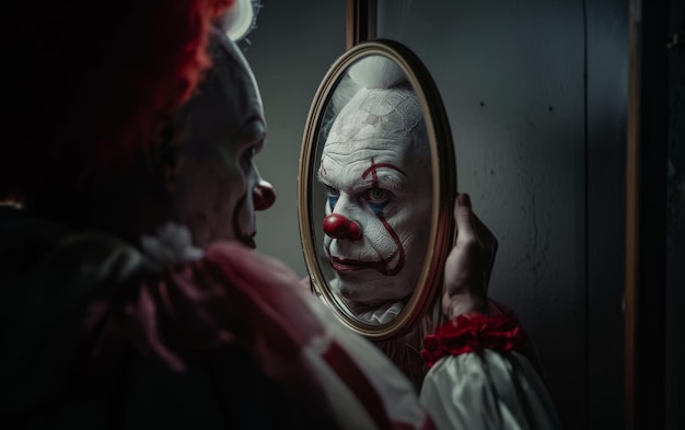 Photo dans une atmosphère sombre et étrange, un clown mélancolique regarde dans le miroir, capturant le reflet obsédant de son âme sombre, sombre et cryptée, cette image évoque un sentiment de sombre introspection.