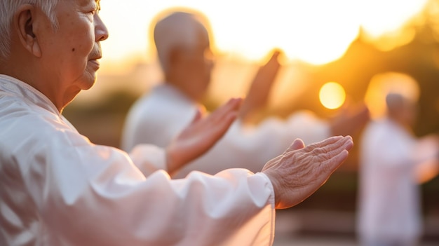 Dans l'aura paisible du matin, un groupe de personnes âgées pratique le Tai Chi à l'unisson, reflétant un début harmonieux de leur journée.