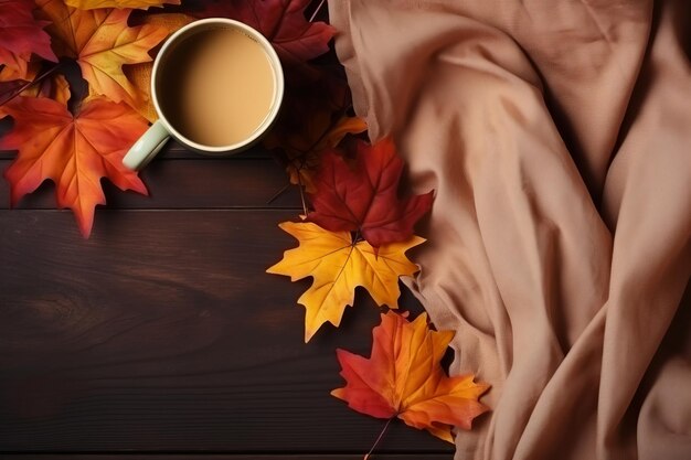 Dans l'automne, une nature morte captivante avec des feuilles d'érable, une écharpe confortable et une tasse de C fumante.