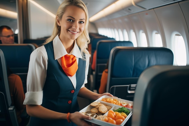 Dans un avion, une hôtesse de l'air sert un repas à un passager.