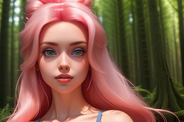 Dans les bois Barbie fille style illustration générative ai