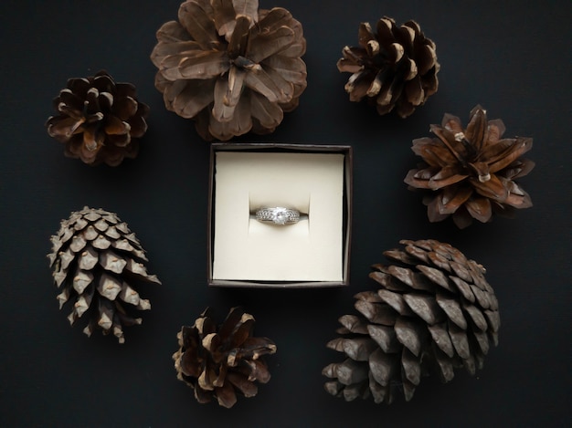 Dans la boîte à bijoux, il y a une bague avec un cadre de beaux cônes d'arbres bruns sur un beau fond noir. Notion romantique. Style plat.