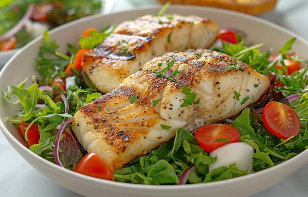 Dans un bol blanc, des filets de poisson grillés avec de la salade de jardin fraîche sur le dessus