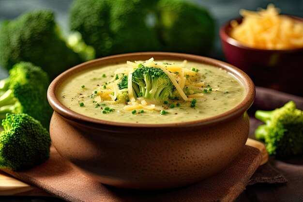 Dans un bol en bois avec la soupe et le bol se détachant de la soupe au brocoli et au cheddar en toile de fond