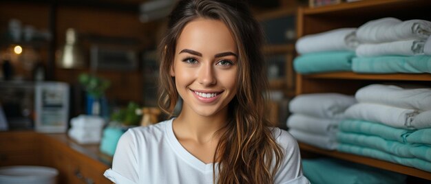 Dans la buanderie, une jeune Latine avec un sourire confiant se touche le visage avec une serviette moelleuse.