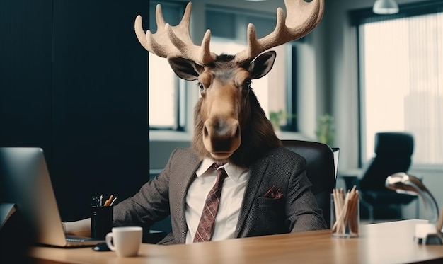 Photo dans un bureau animé, un homme en costume d'orignal travaille avec confiance tandis que les collègues à proximité se concentrent sur la tâche