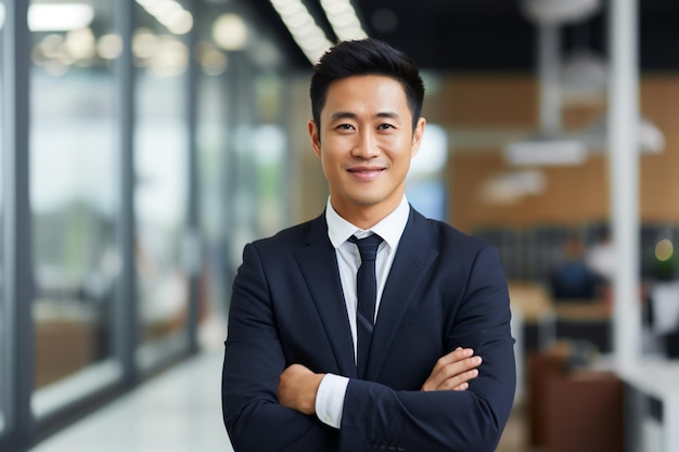 Dans un bureau moderne et lumineux, un bel homme d'affaires chinois de 35 ans avec un grand sourire